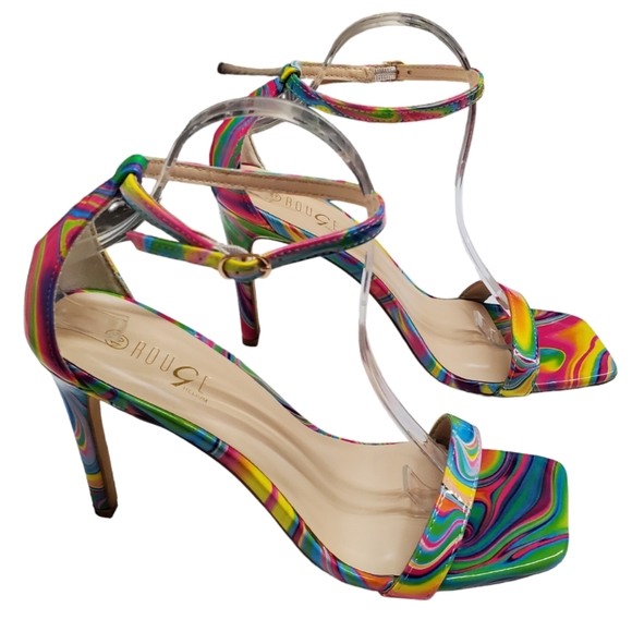 Rouge Helium Groovy Patent Neon Multicolor Square Toe Sandals Heels Sz 10 - Picture 2 of 13